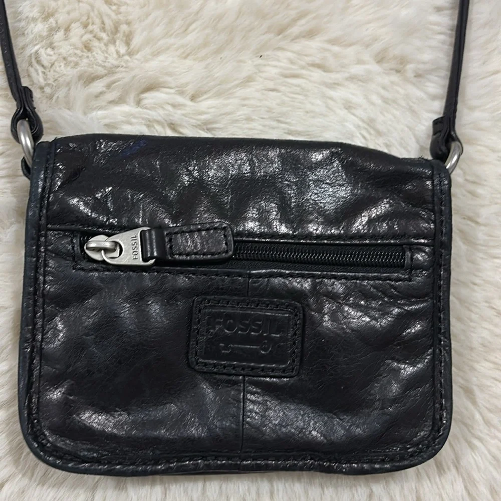 Vintage Fossil‎ Black Leather Crossbody Purse Bag Small Strap Compartments